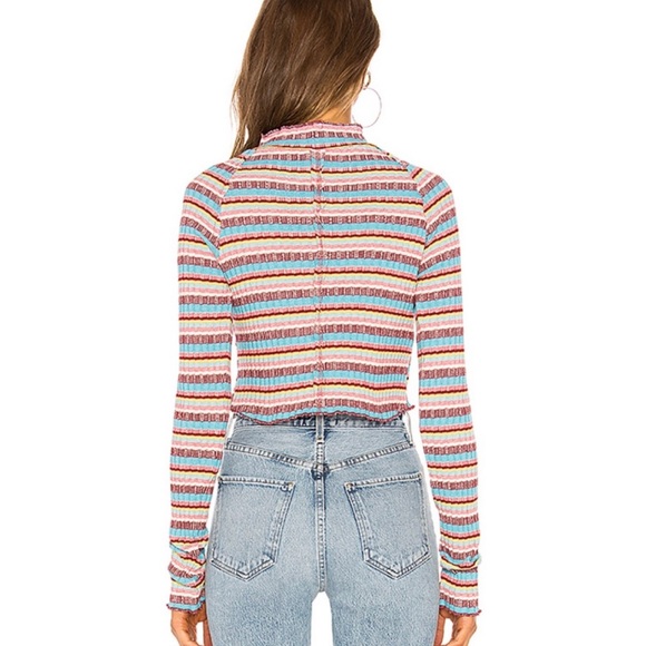 Free People Retro Mirror Blue Striped Mock Neck Ribbed Long Sleeve Crop Top Sz S - Picture 2 of 16